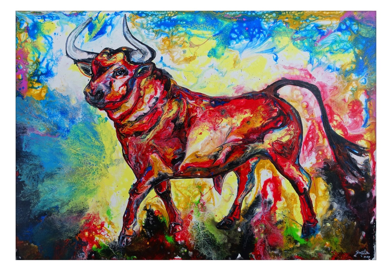 Aurelius - Stierbild abstrakt gemalt rot gelb Stier Gemälde 130x90