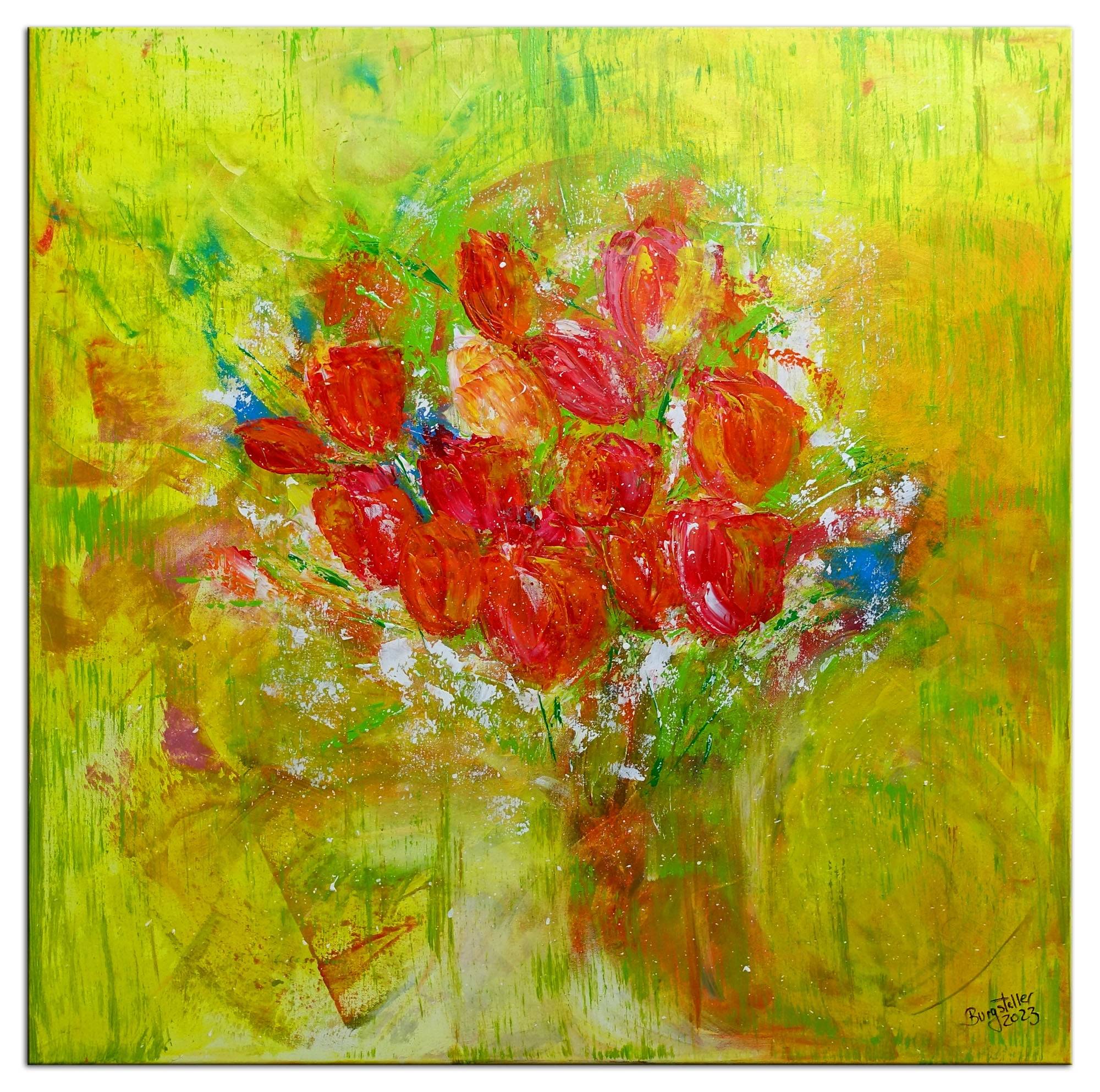 Blumenbild abstrakte Kunst Tulpen handemalt Original Gemaelde Kuenstlerbild 80x80 k