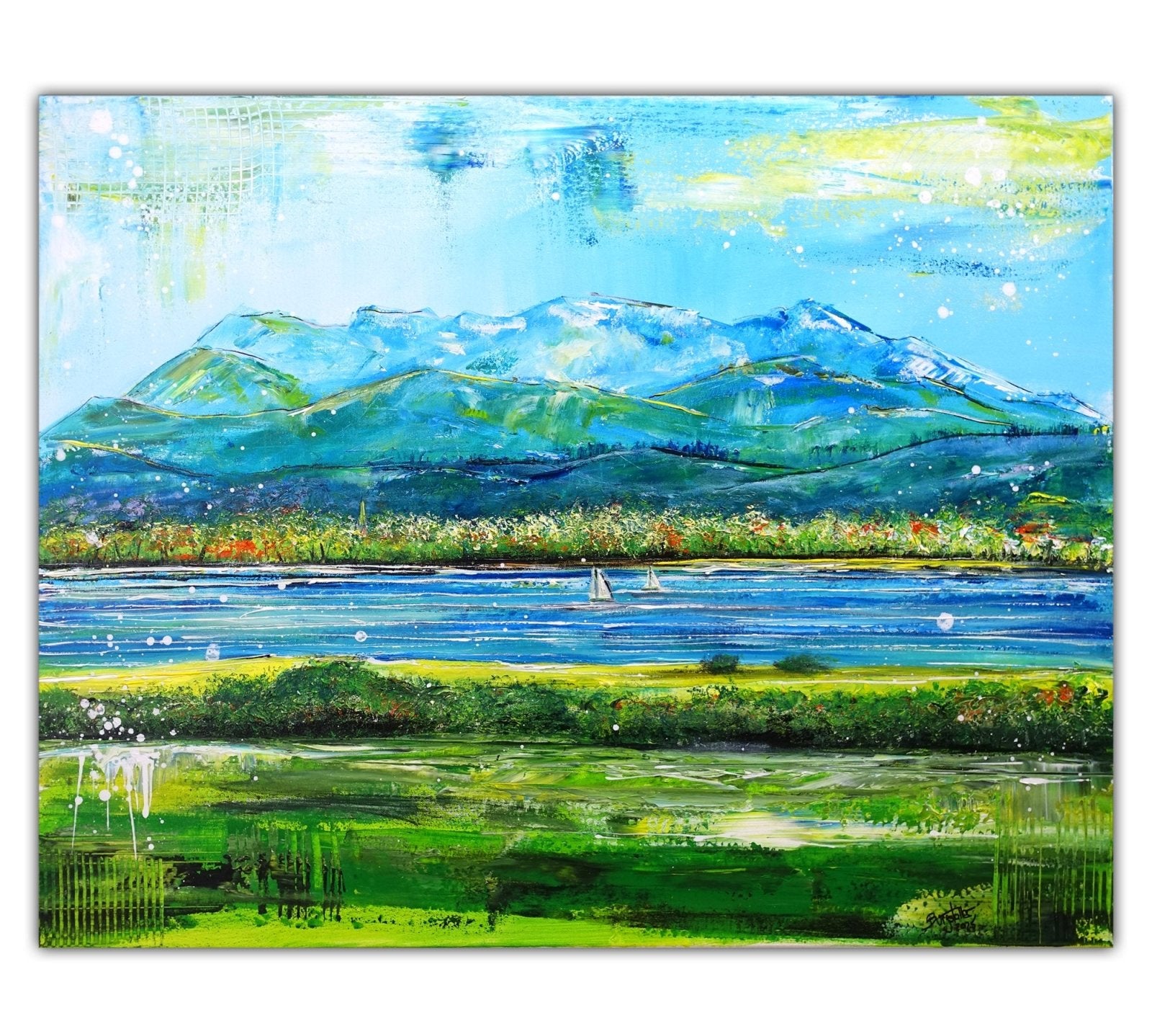 Chiemgau: modernes Landschaftsbild gemalt Chiemsee Berge 100x80