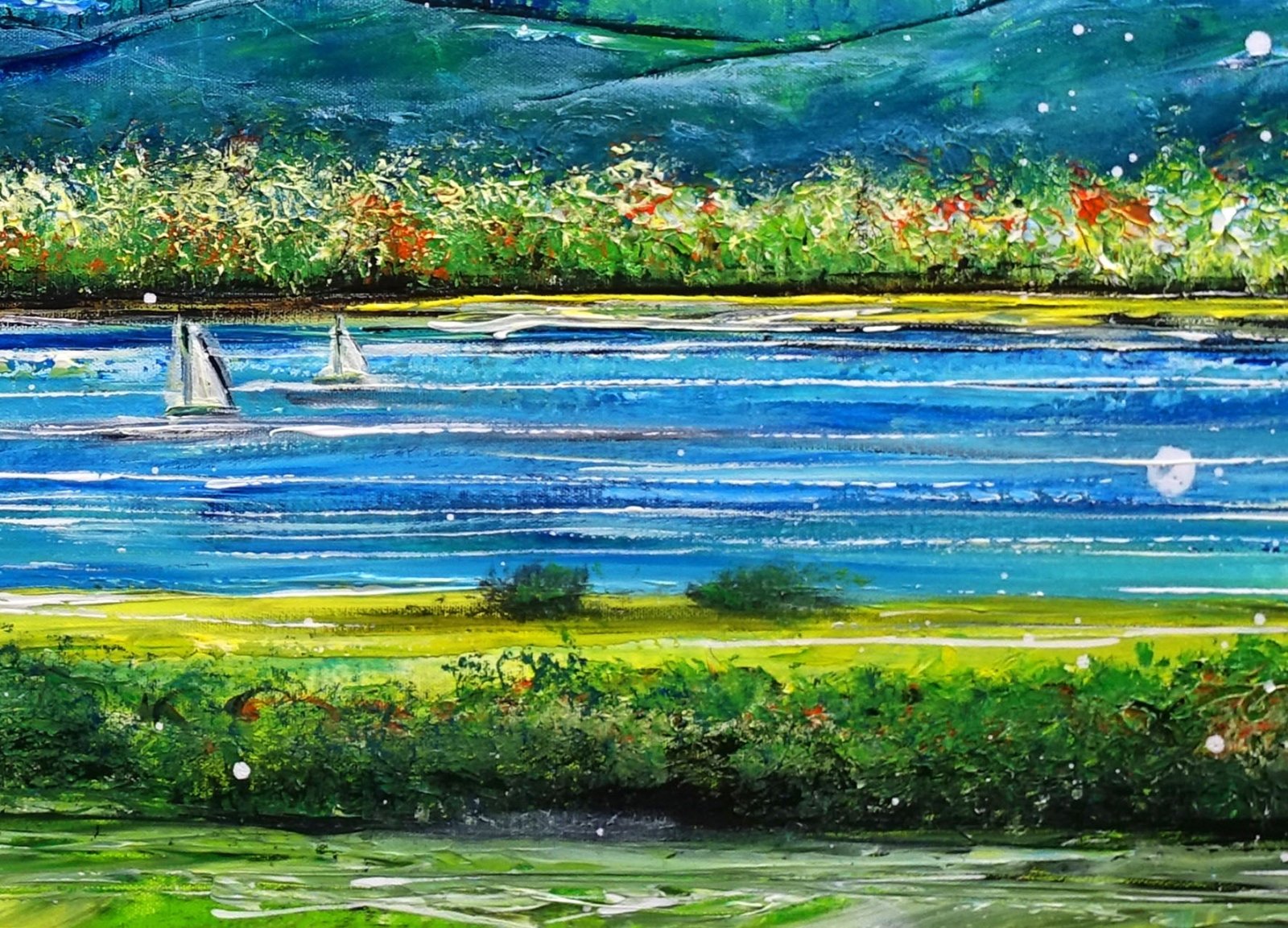 Chiemsee modernes Landschaftsbild gemalt Boote Berge