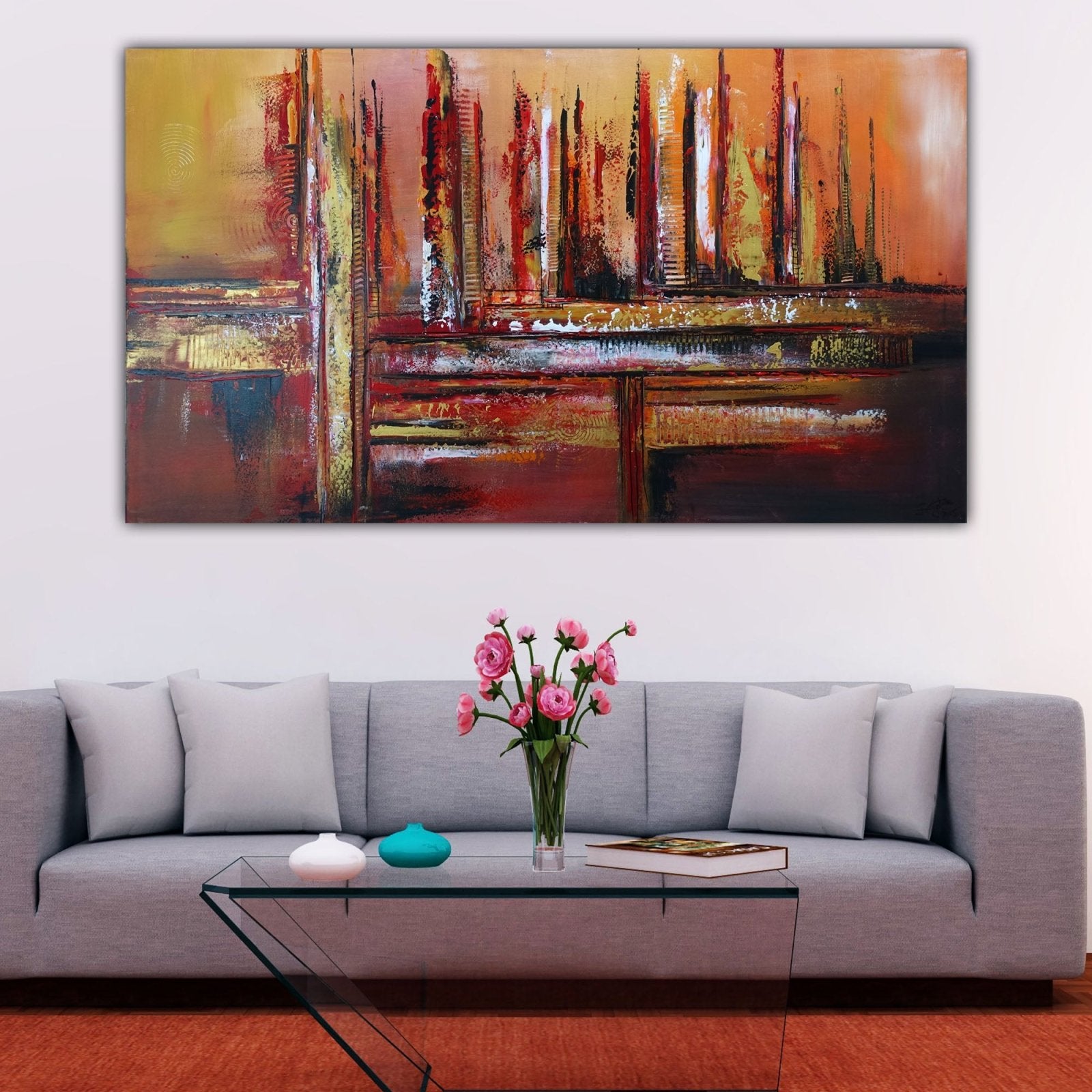 Entity - abstraktes Skyline Gemälde Acrylbild rot gold braun 