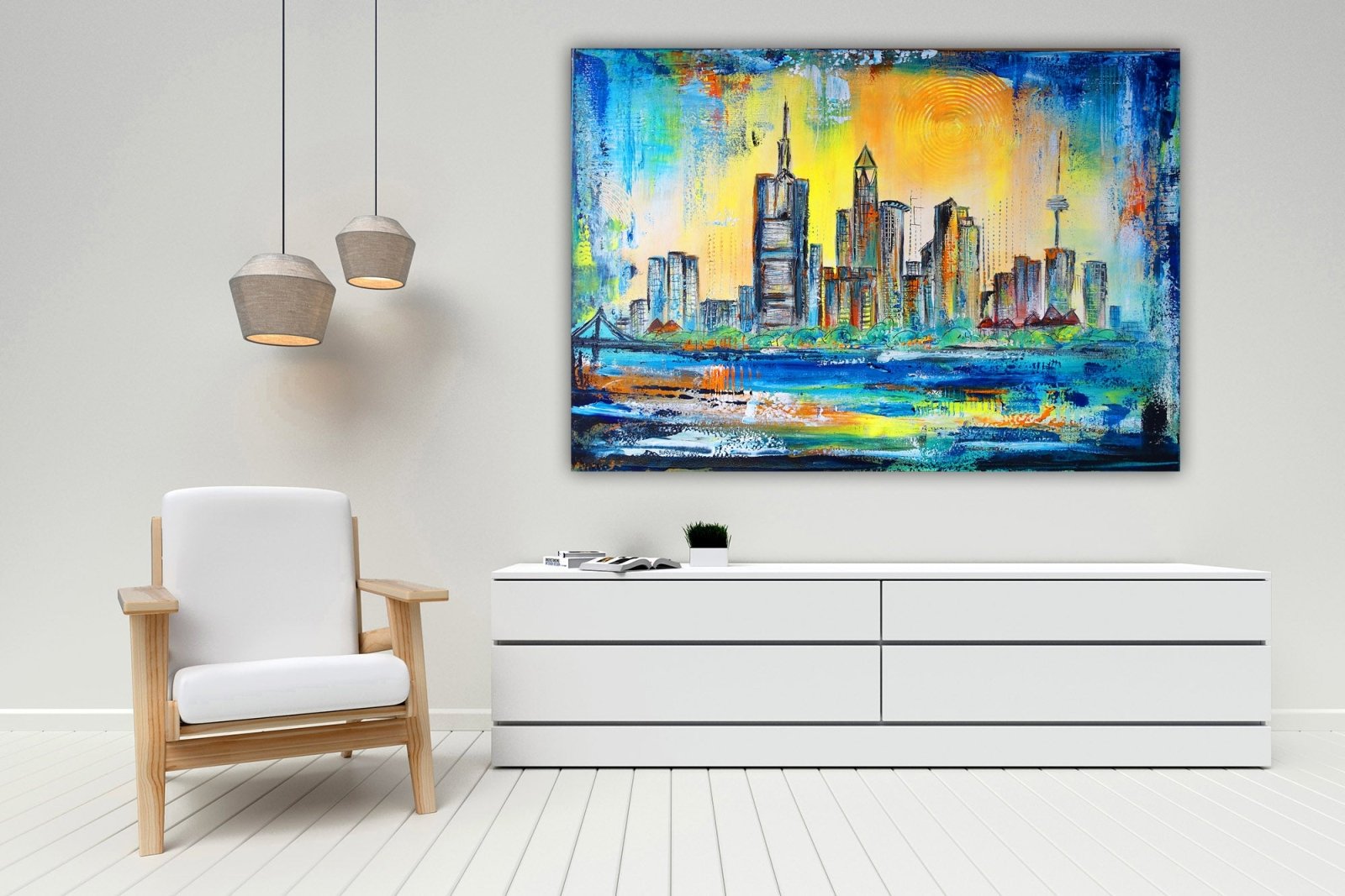 Frankfurt Skyline Bild abstrakt gemalt - Acrylbild auf Leinwand w