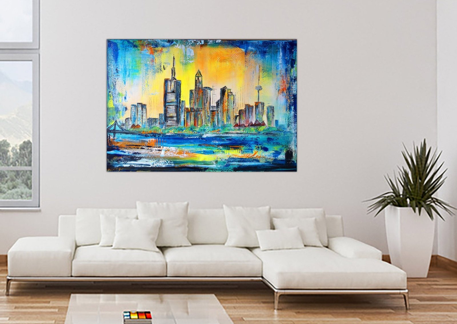 Frankfurt Skyline Bild abstrakt gemalt - Acrylbild auf Leinwand w2