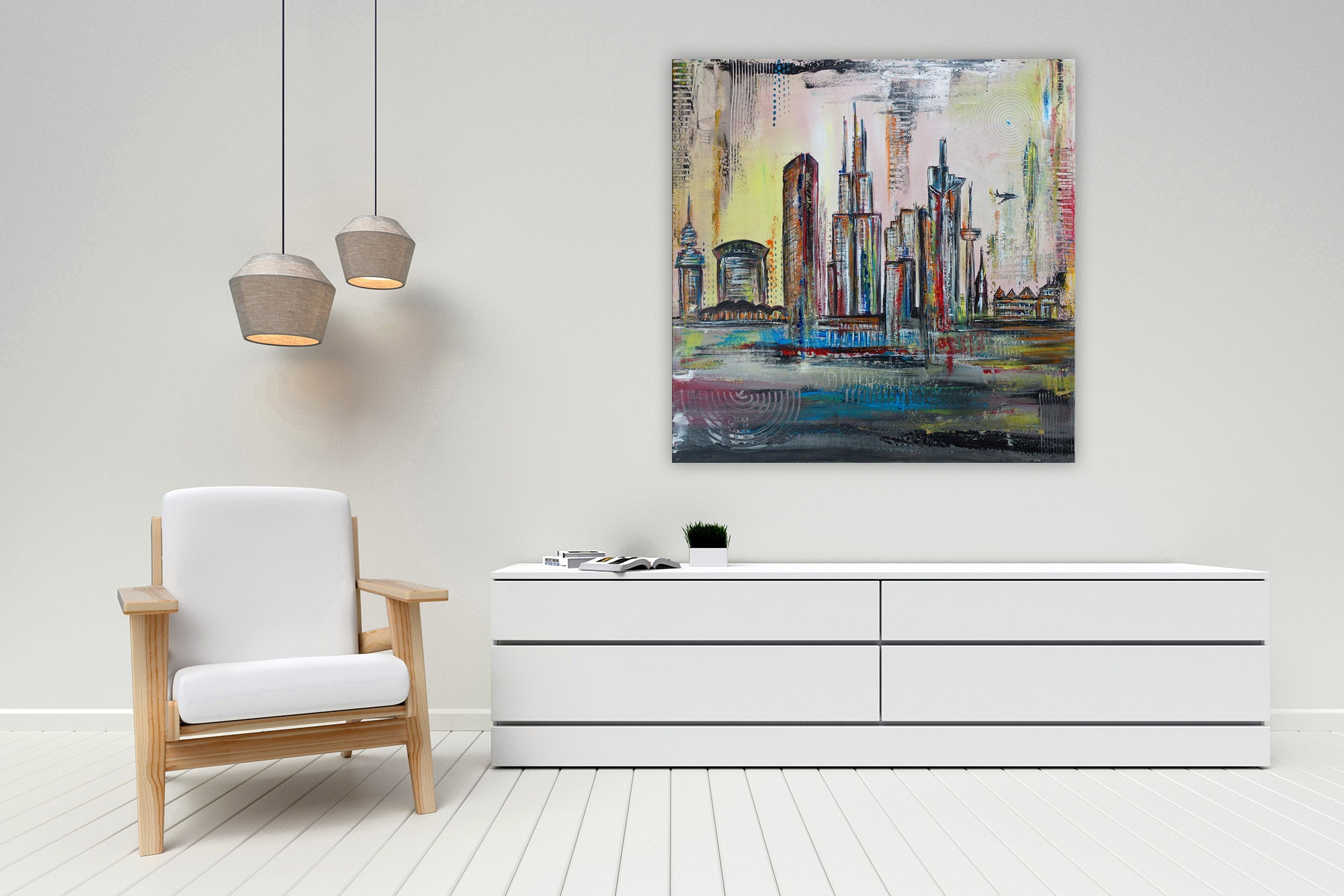 Frankfurt Skyline abstrakt gemalt Leinwandbild Acrylgemälde Römer Göthehaus Westend Commerztower