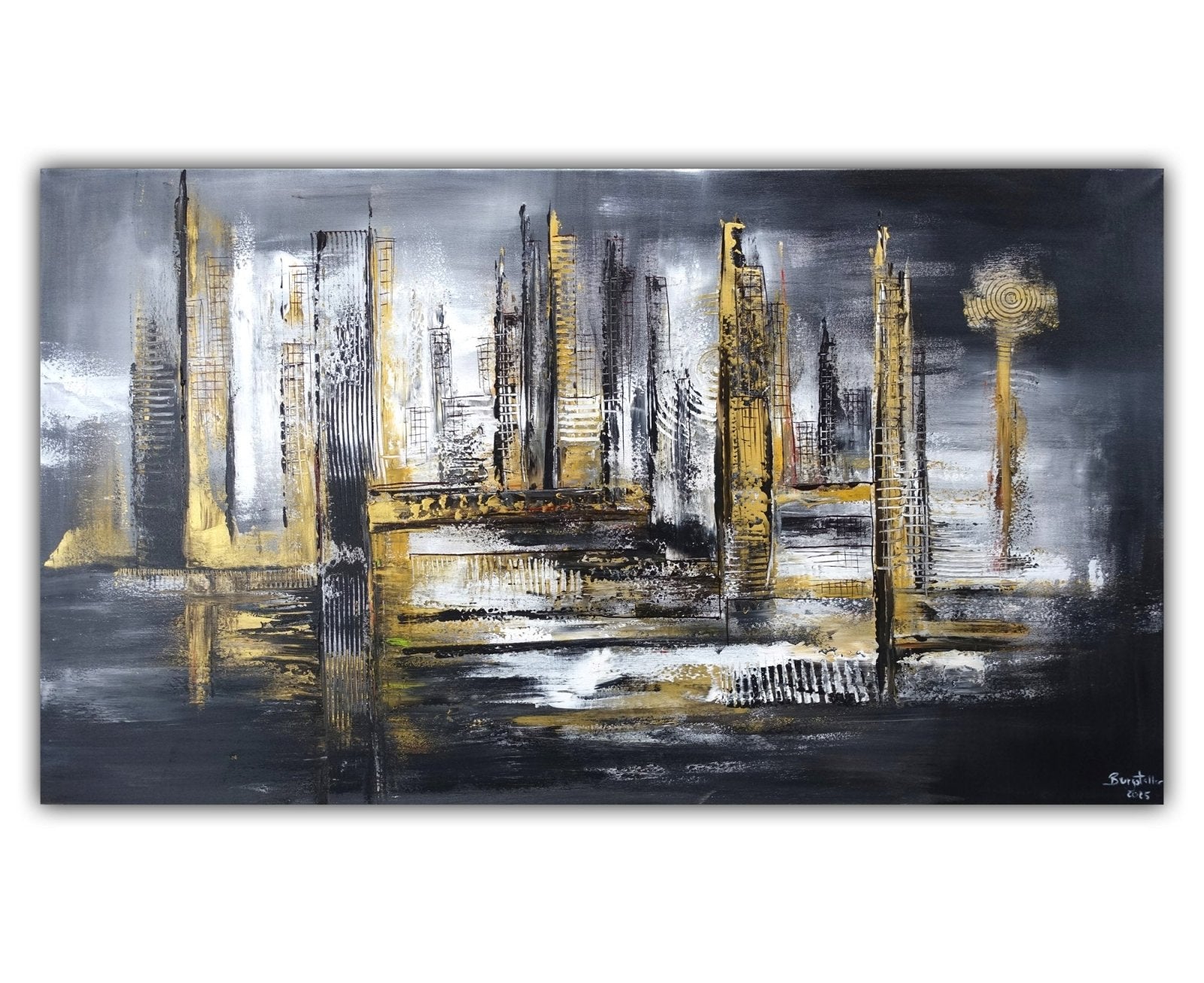 Abstraktes Skyline Bild grau gold Leinwandbild Acrylgemälde 140x100