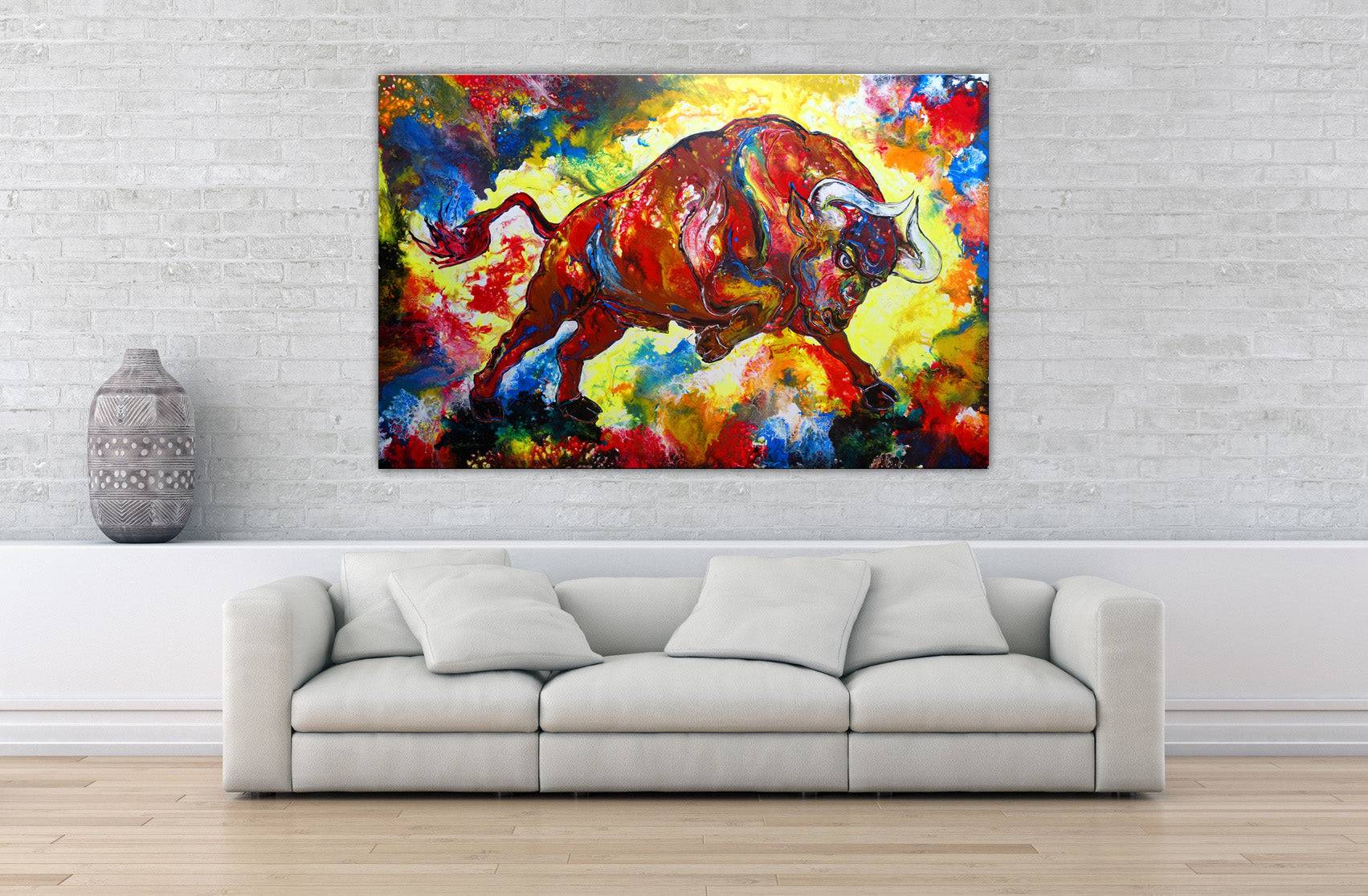 Gordito Stiergemälde Stierbild gemalt Acrylbild Wandbild Stier bunt rot XXL