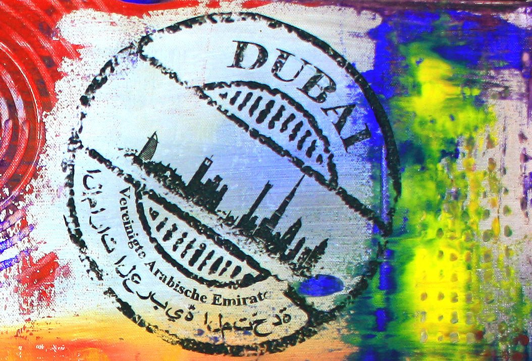 Handgemaltes Gemälde Stadt Dubai Skyline bunt