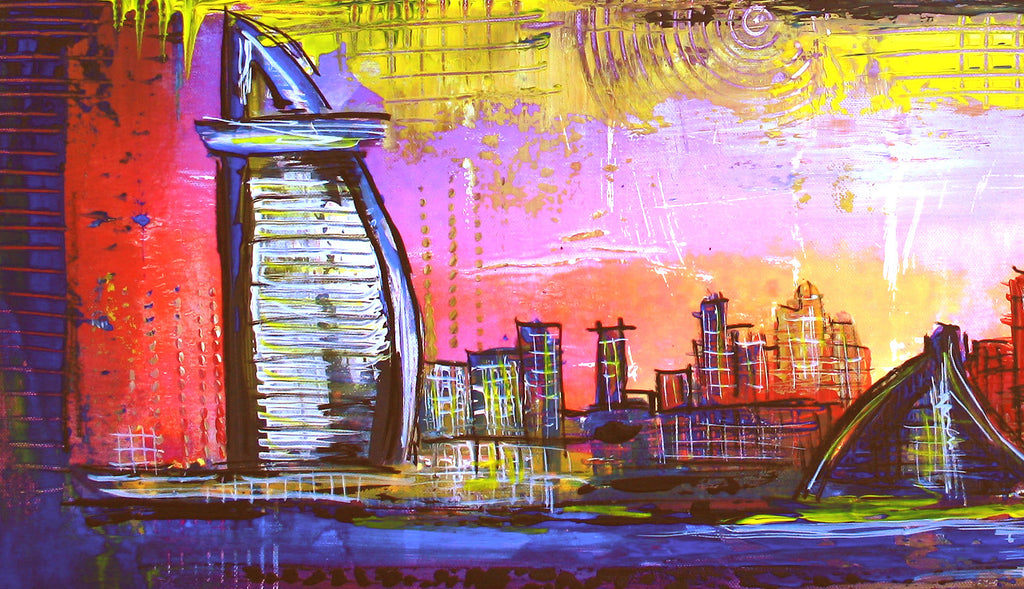 Handgemaltes Gemälde Stadt Dubai Skyline bunt abstrakt