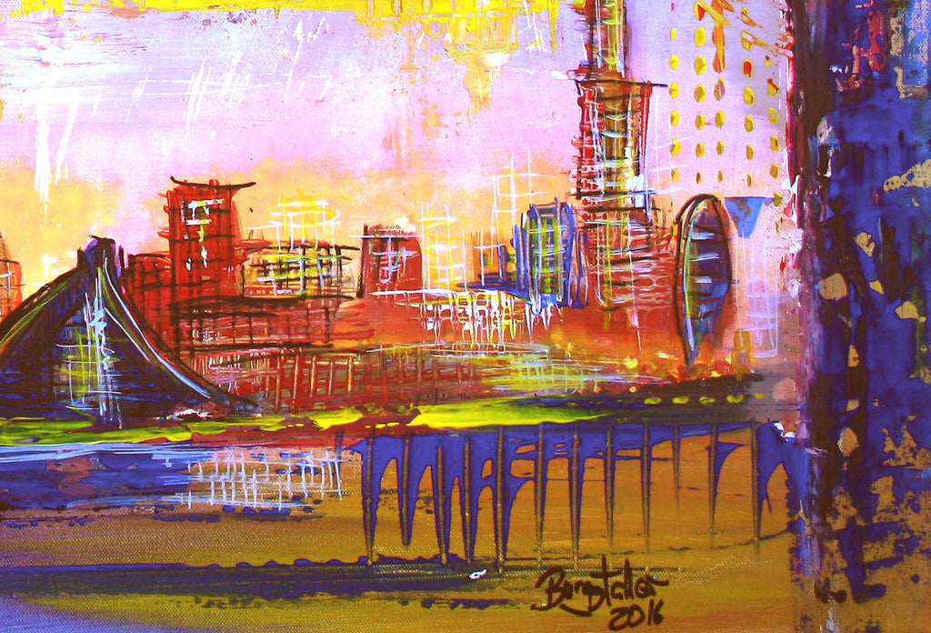 Handgemaltes Gemälde Stadt Dubai Skyline bunt abstrakt Original 80x60