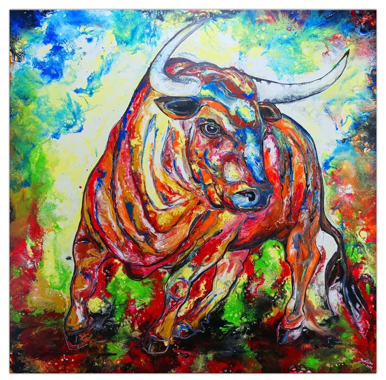 Hunter Wandbild Stier Gemälde abstrakt Stierbild Leinwand modern gemalt 140x140