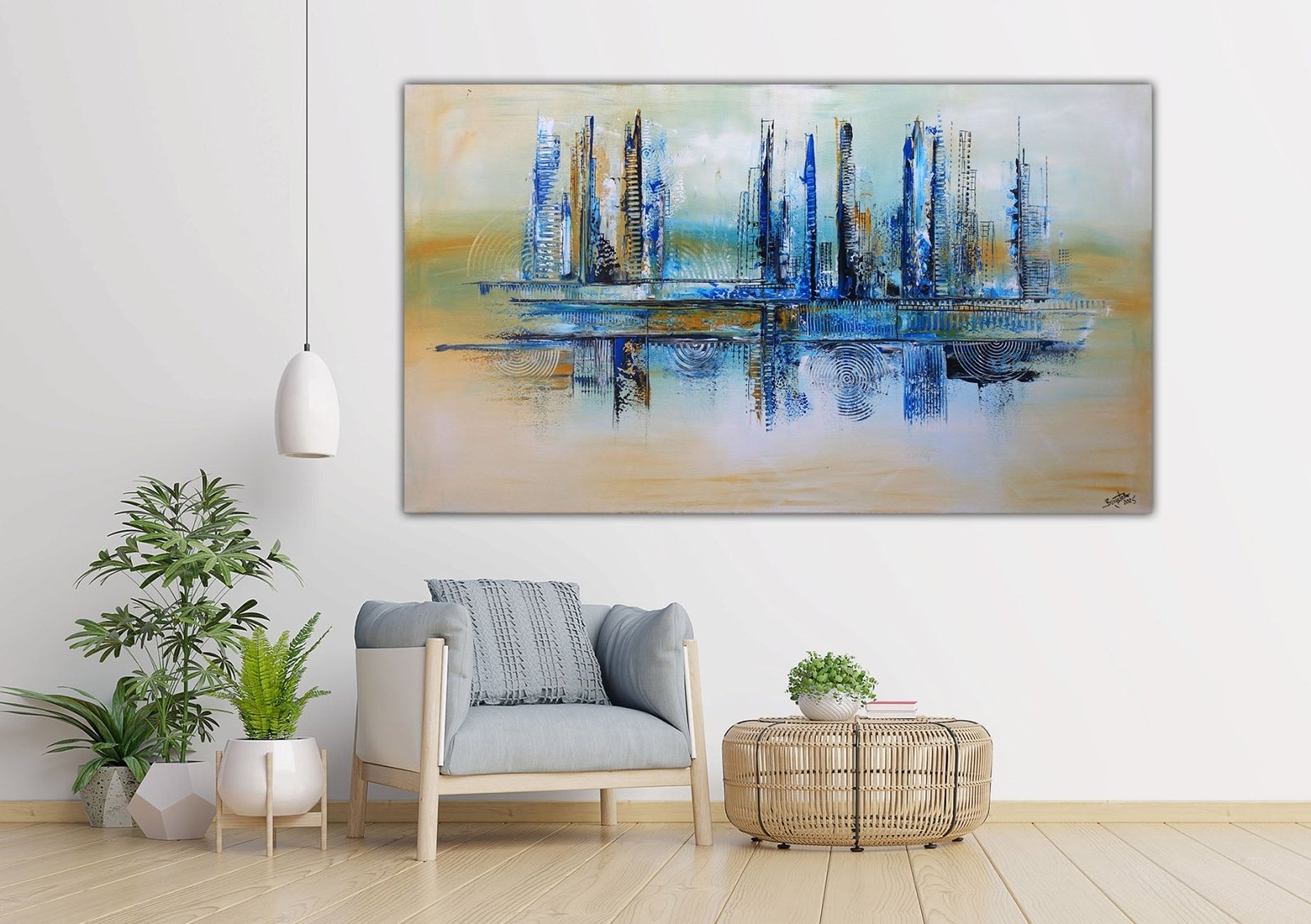 Nordstadt - abstraktes Skyline Gemälde beige blau Leinwandbild Acryl