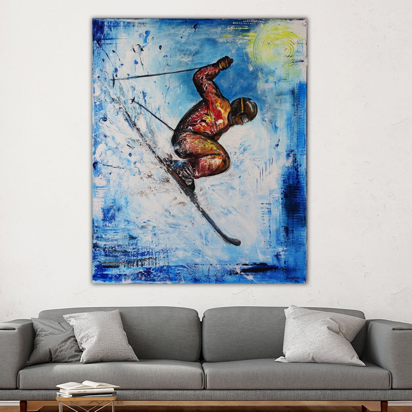 Skifahrer-Bild-gemalt-Skilaeufer-Gemaelde-Sportbild-Original-modern