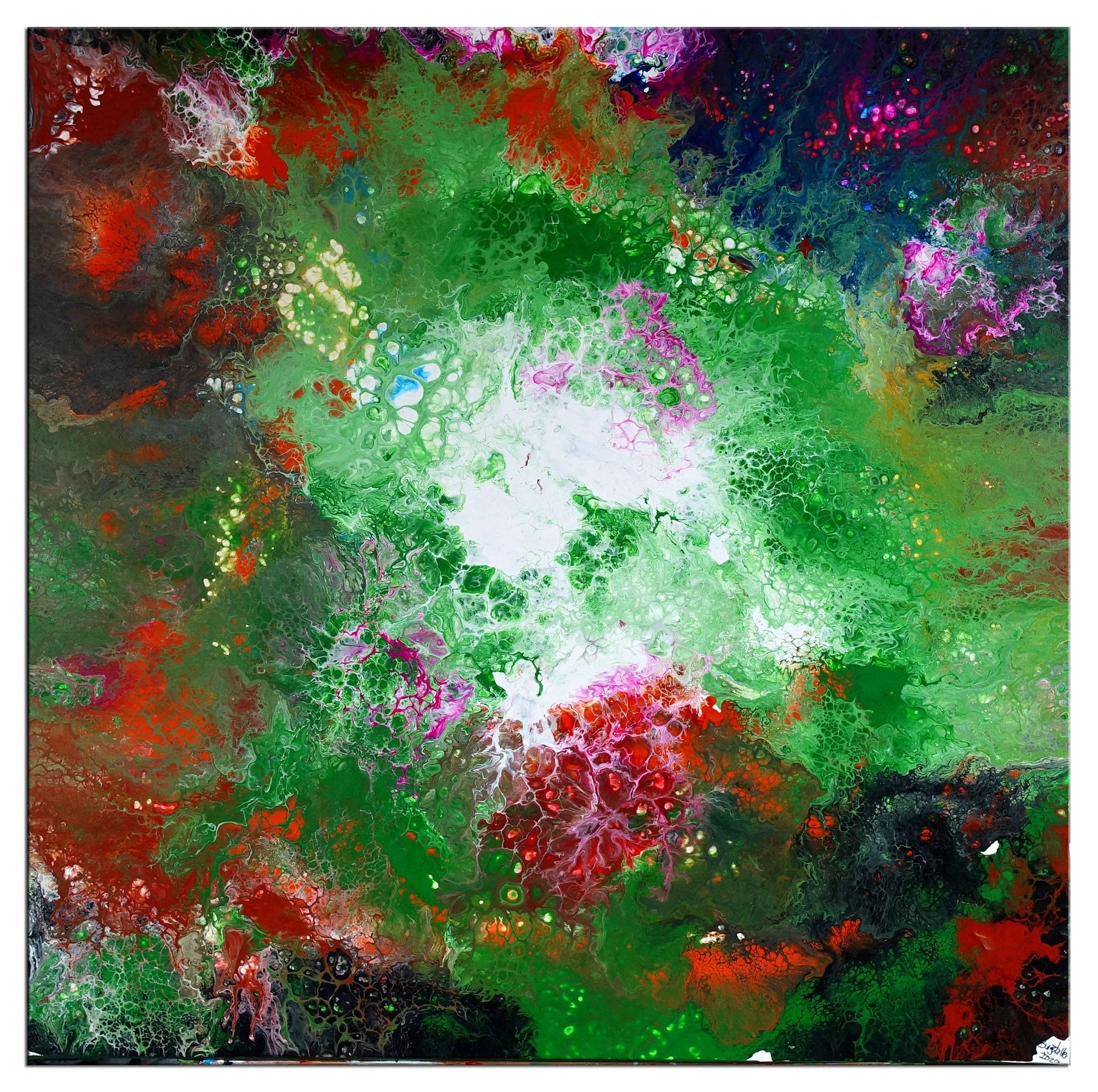 Fluid Art abstrakte Kunst Malerei gruen rot Gemaelde 80x80