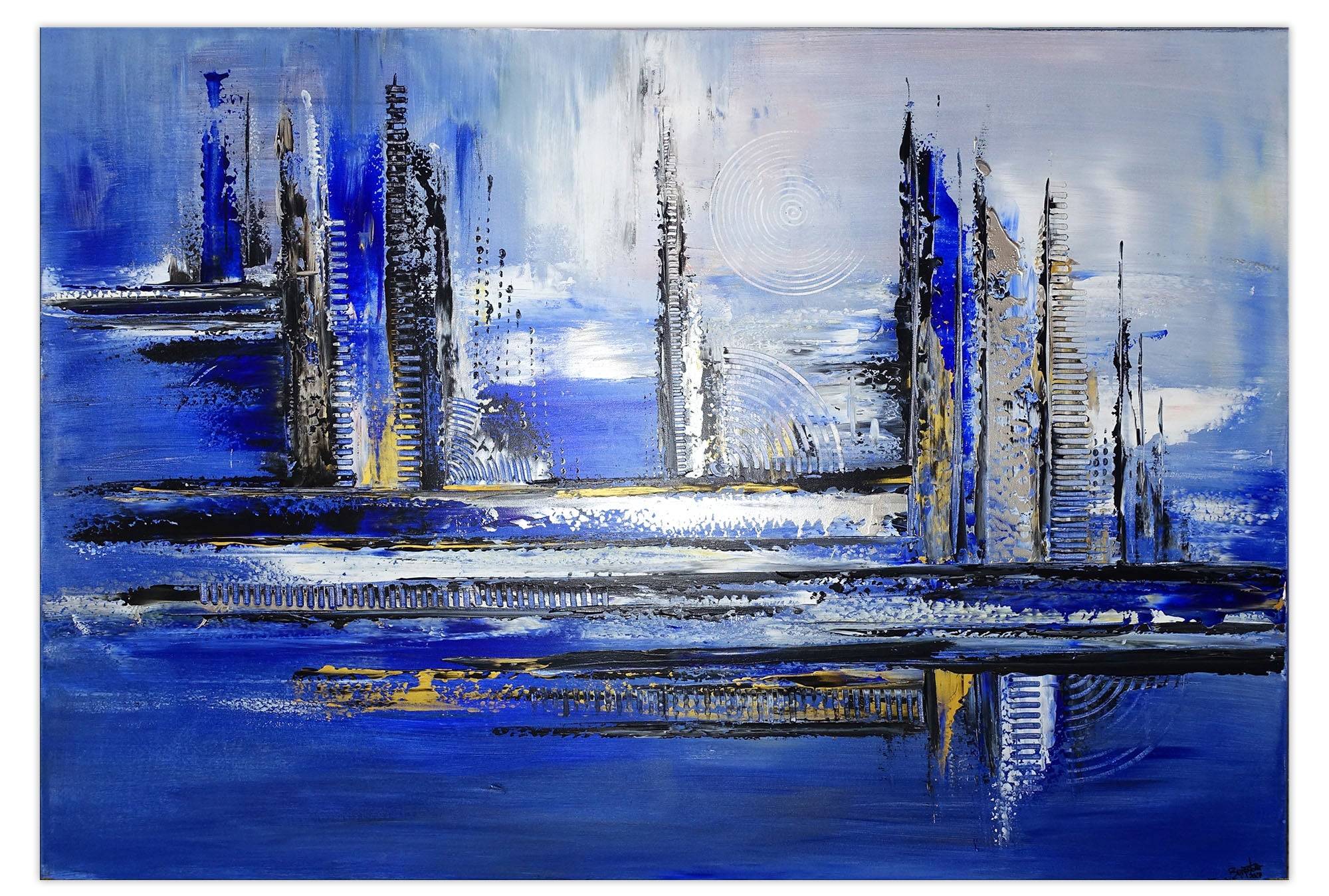 The Deep abstraktes Bild handgemalt blau silber Leinwand