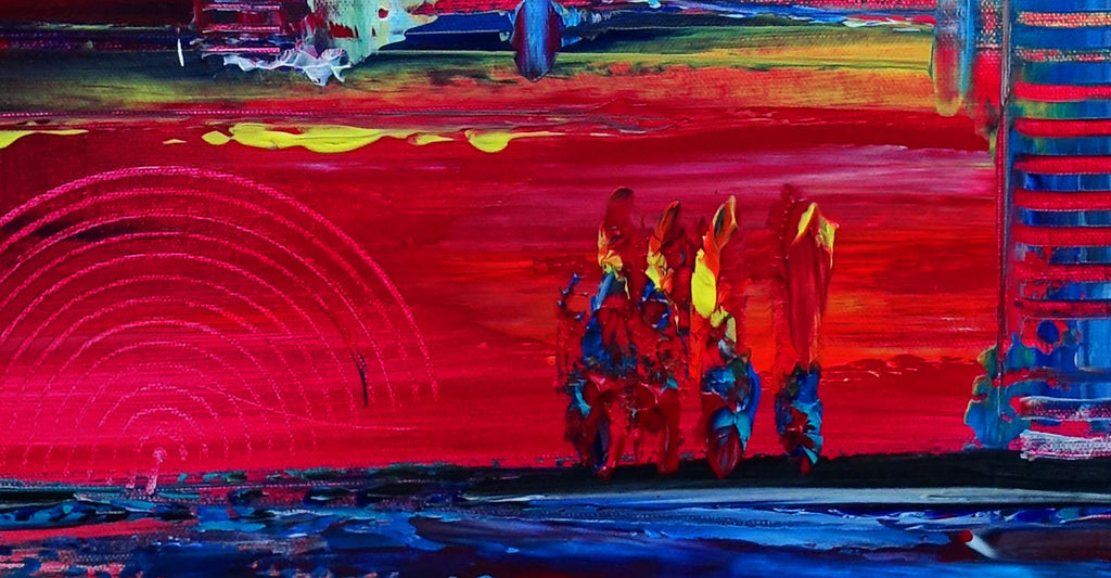 Treffpunkt abstrakte Malerei Leinwandbild rot blau gelb Figuren