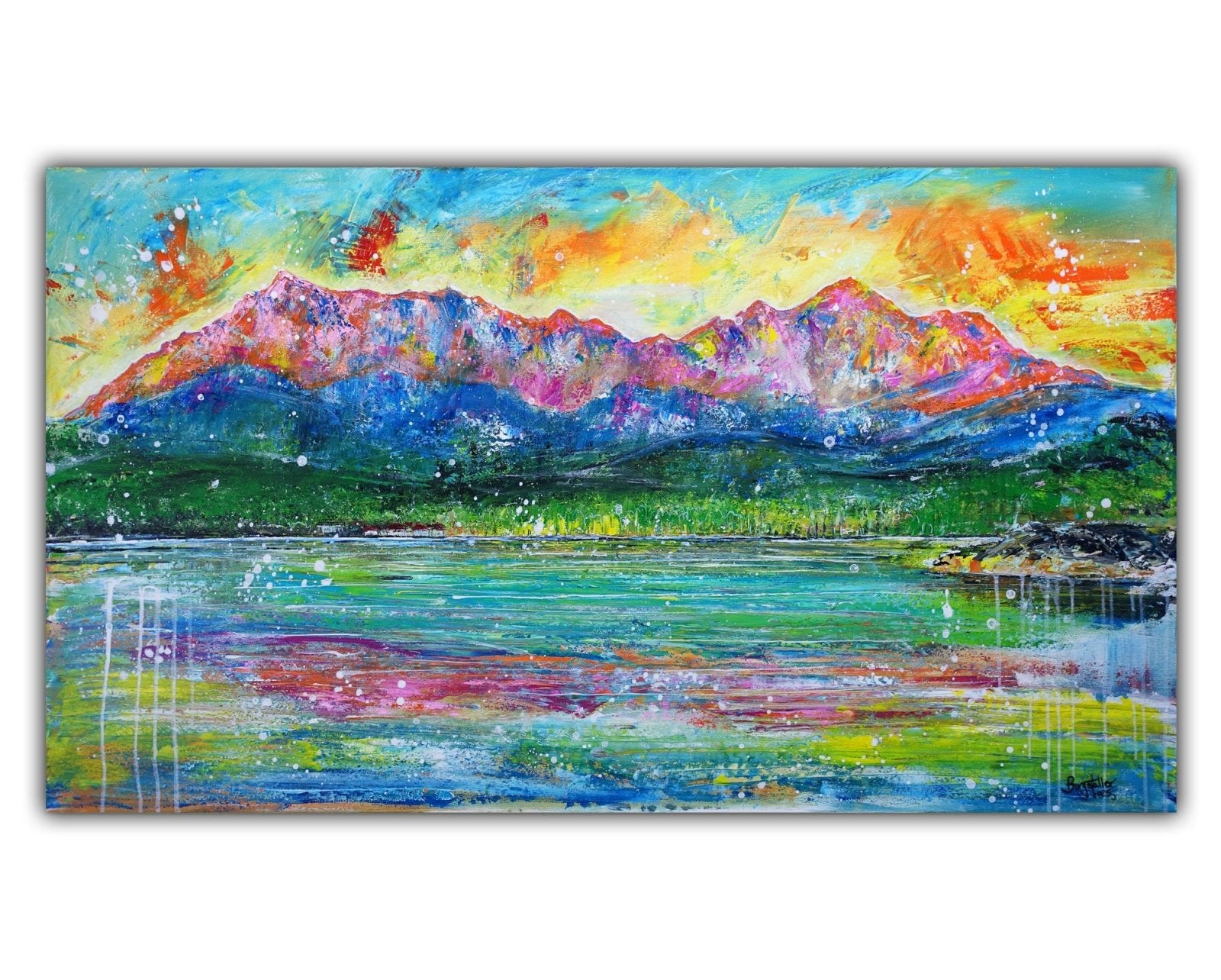 Zugspitze Eibsee - abstraktes Landschaftsbild handgemalt Berge See