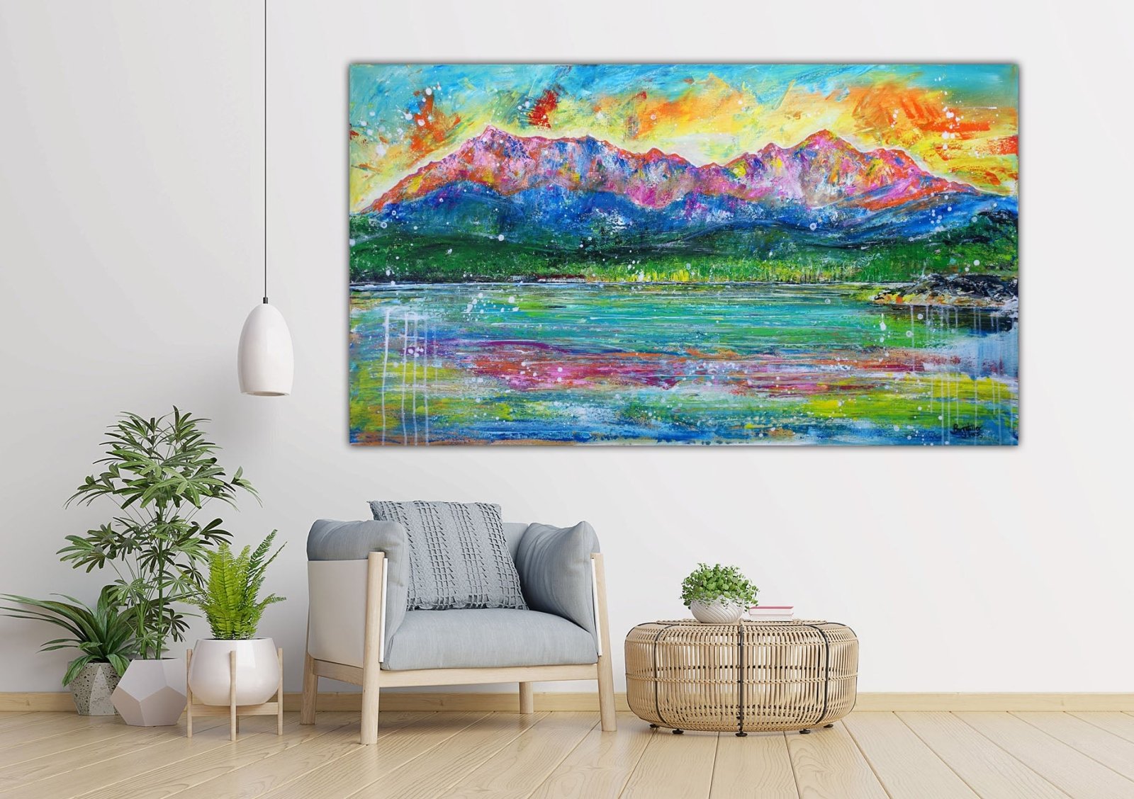 Zugspitze Eibsee Landschaftsbild Berge See Acrylmalerei